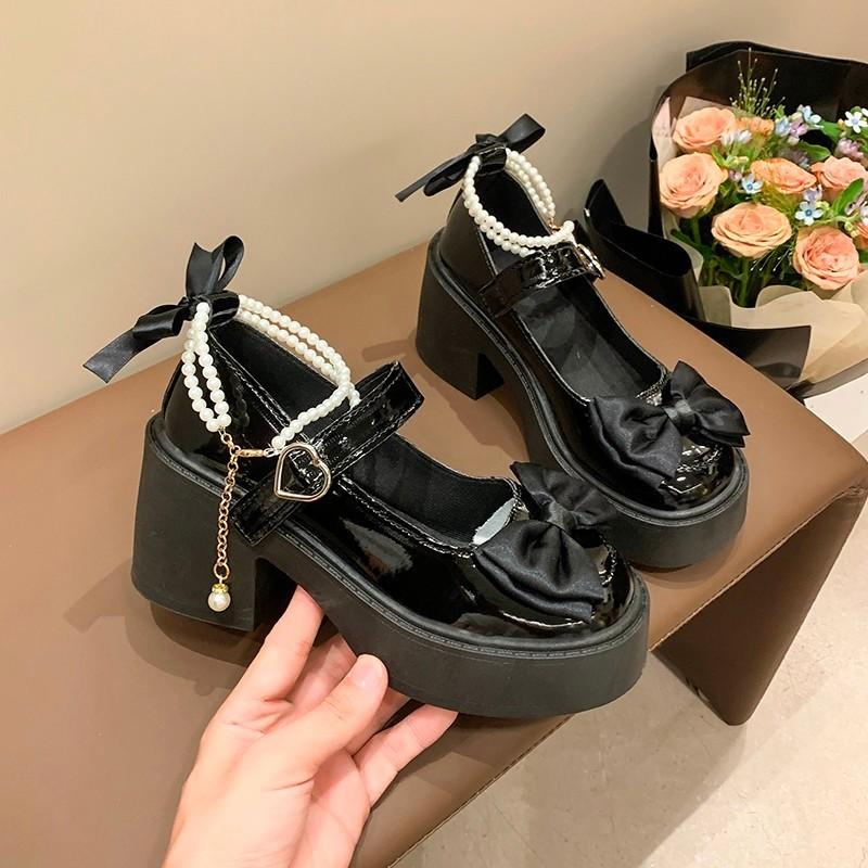 French Mary Jane small leather shoes women's 2025 new summer heightening bow with skirt thick heel high heel single shoes