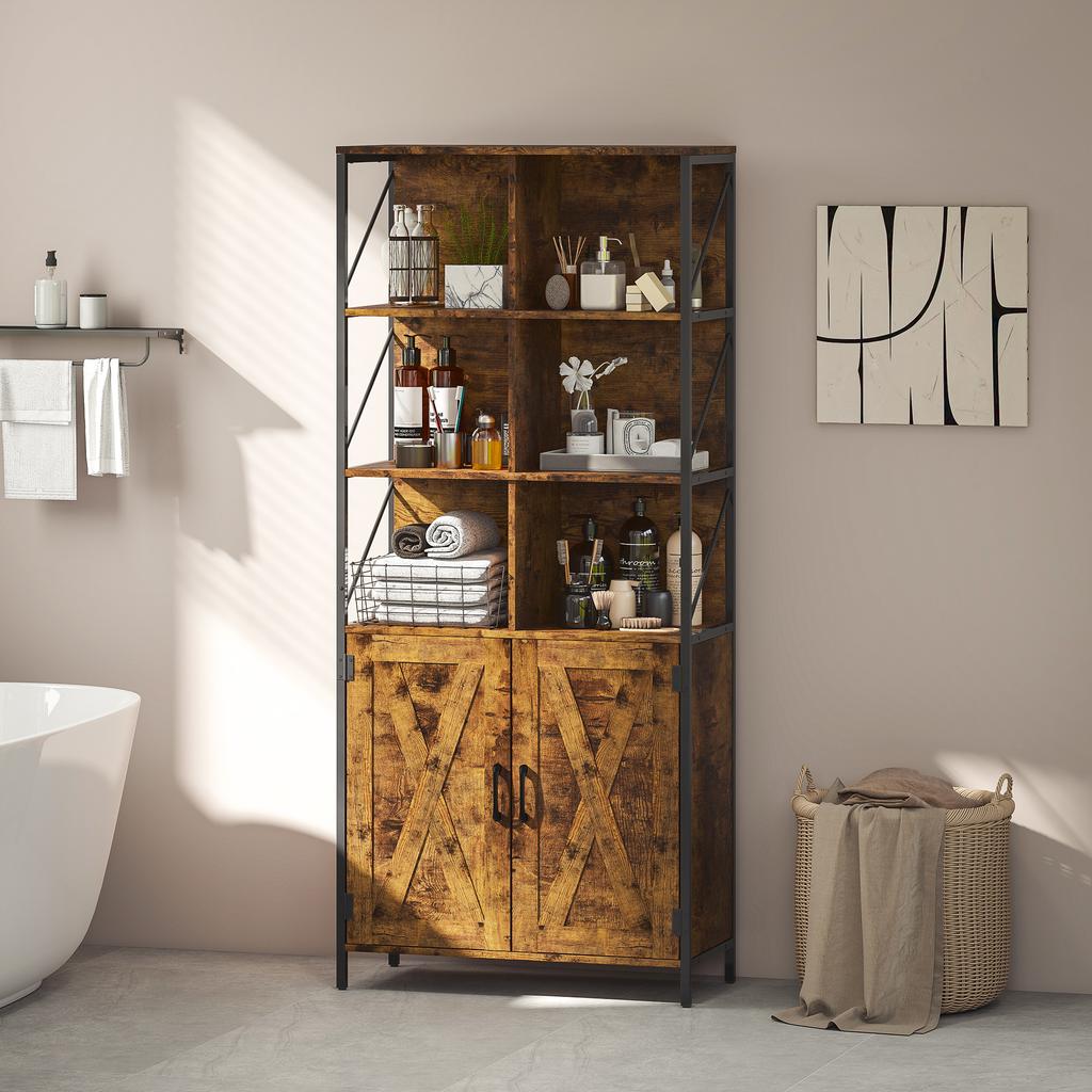 Bookshelf With 6 Open Compartments And Adjustable Shelf For Living Room Office 75x34x172 Cm Rustic Brown