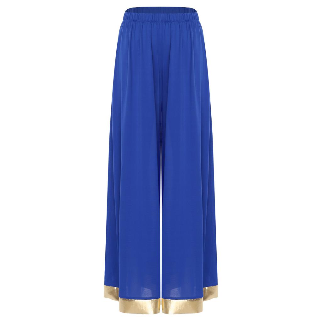 Womens Worship Praise Dance Pants Elastic Waist Metallic Shiny Trim Wide Leg Pants Loose Trousers