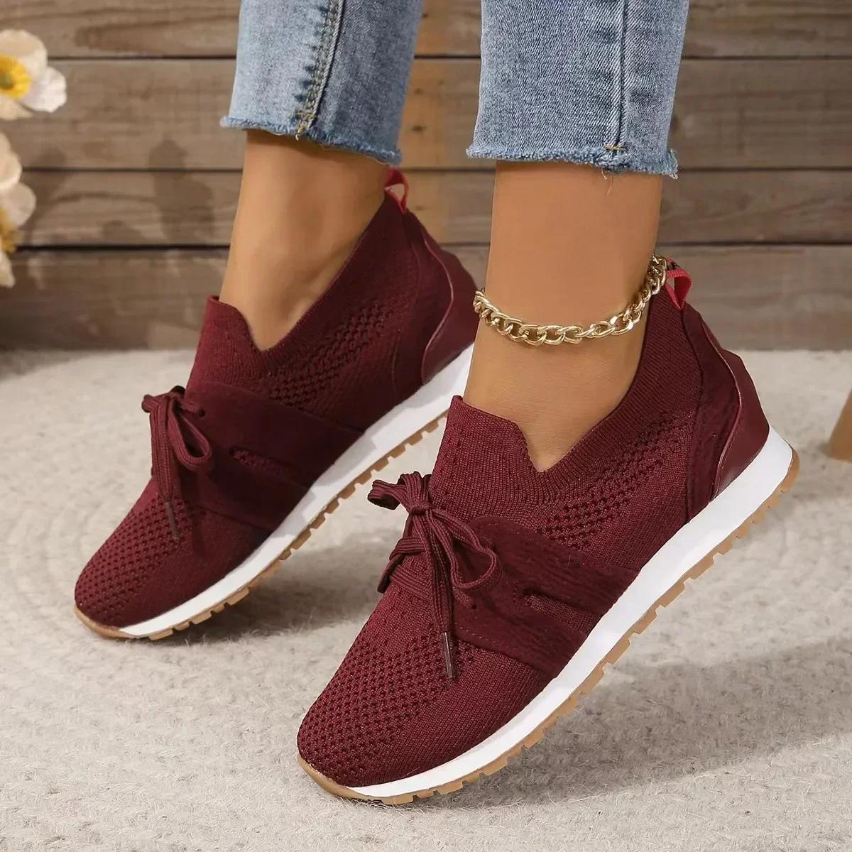 Bruine Gebreide Ademende Dames Sneakers Schoenen Nieuwe Platform Flats Vrouw Plus Size 43 Antislip Casual Schoenen Mesh Tenis De Mujer 42 black