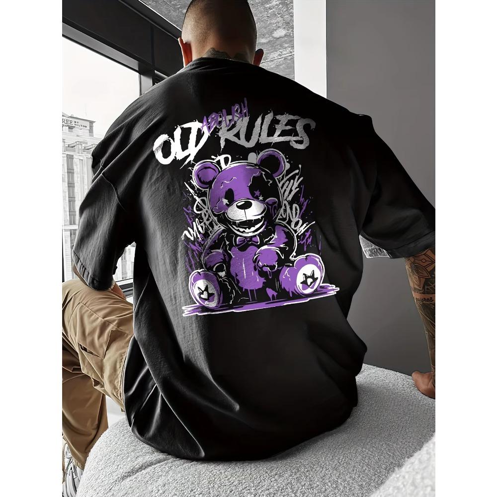 Men's Summer 100 Fashionable Casual Sports Loose Large Cartoon Bear Pattern Printed Round Neck Short Sleeve T-shirt Top