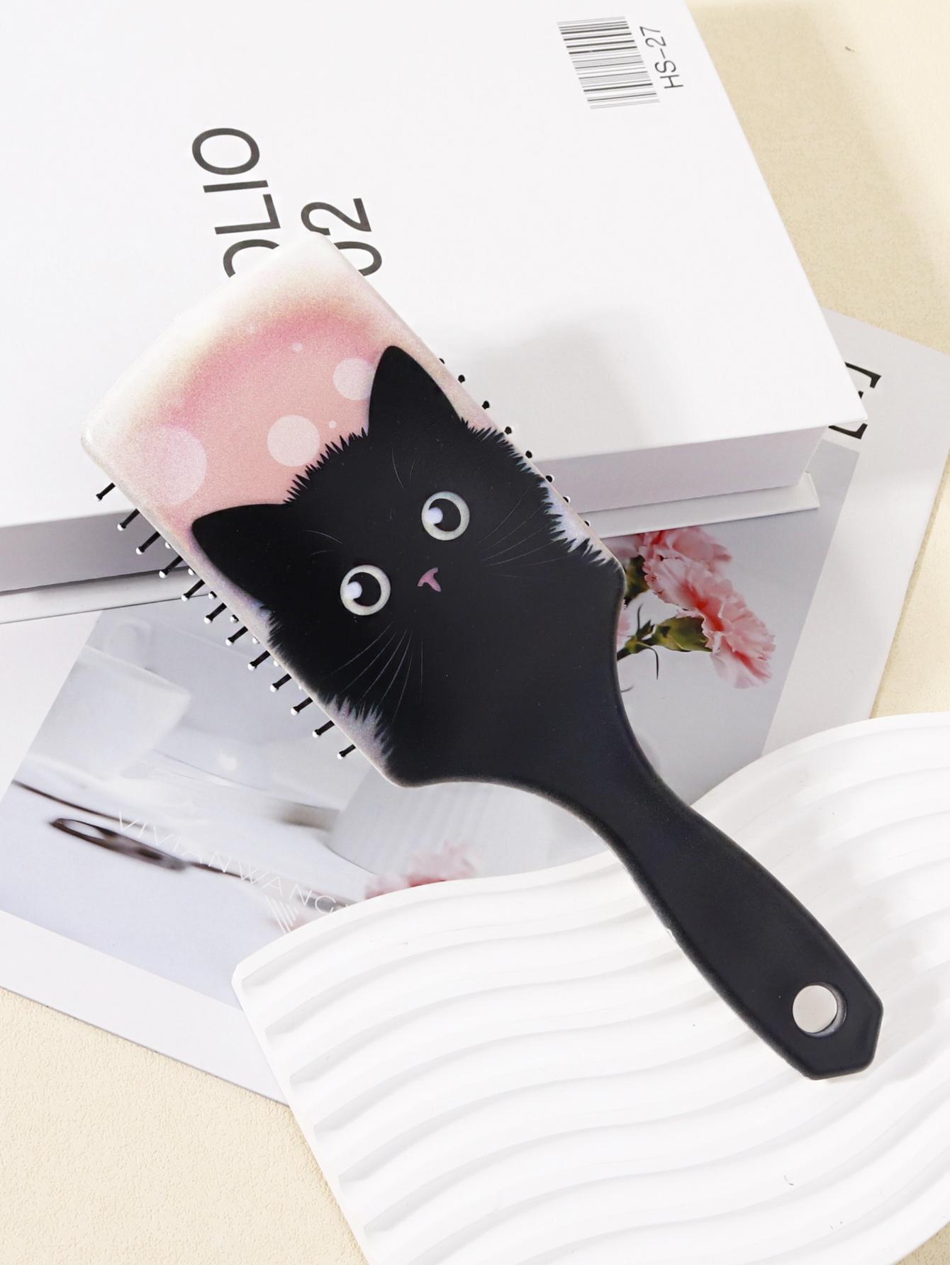 

1pc cute cat patterned airbag comb with silicone pad base, nylon bristles, stylish paddle shaped massage brush