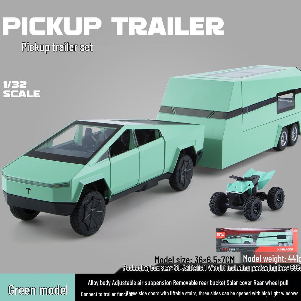 1:32 Tesla Pickup Truck Toy with Caravan: Alloy Pull-back Model with Sound, Light, and Opening Doors