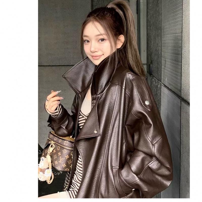 Maillard Brown Leather Biker Jacket for Couples - High-End Autumn Long Sleeve Coat