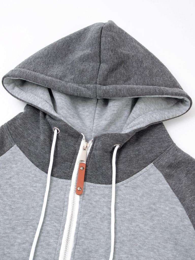 Men's European Size Color Block Raglan Sleeve Hooded Cardigan Sweatshirt