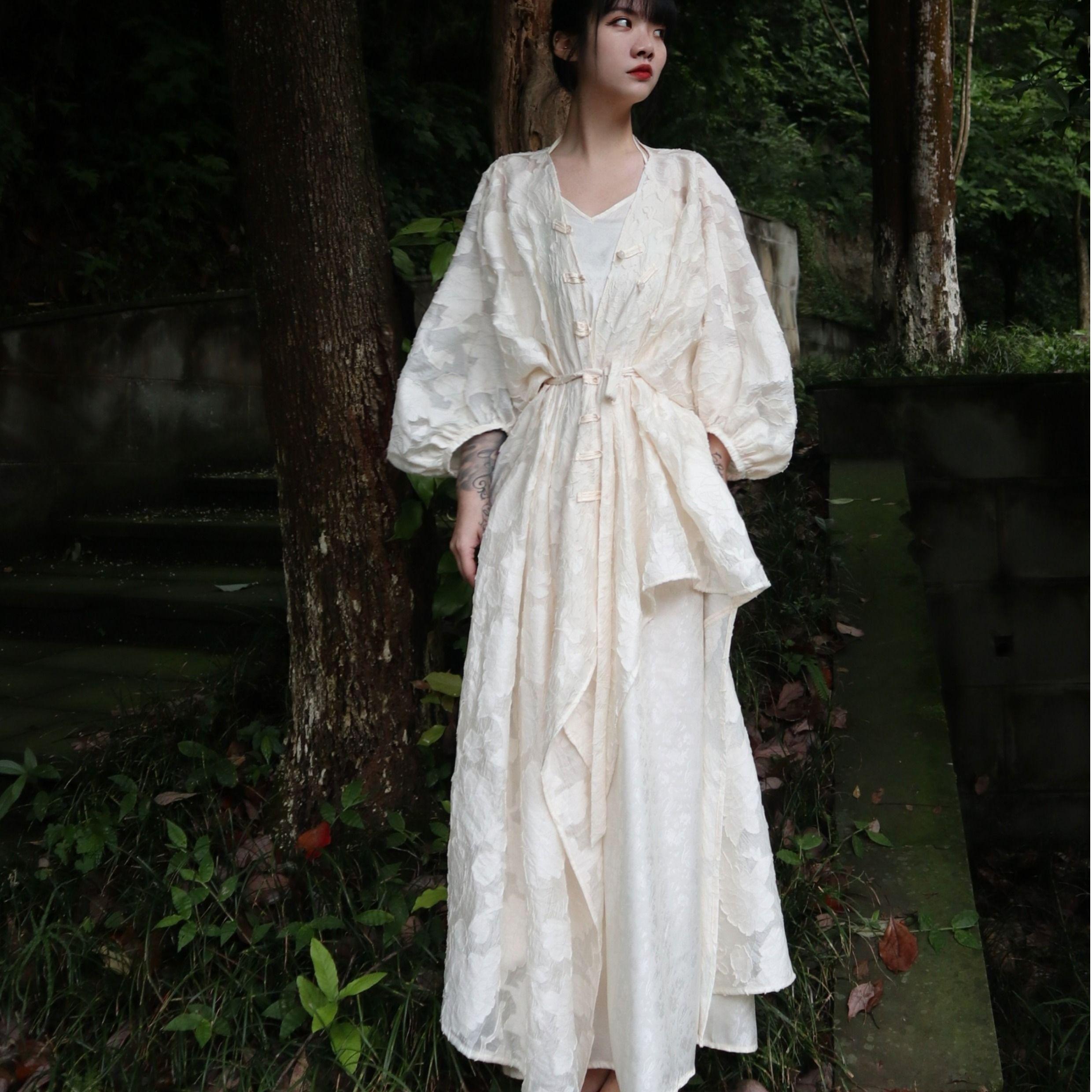 

Комплект платья в неокитайском стиле с жаккардом и застежками-пуговицами «лягушками» для женщин, включающий длинное платье, подчеркивающее талию, и кардиган, комплект из двух предметов XL