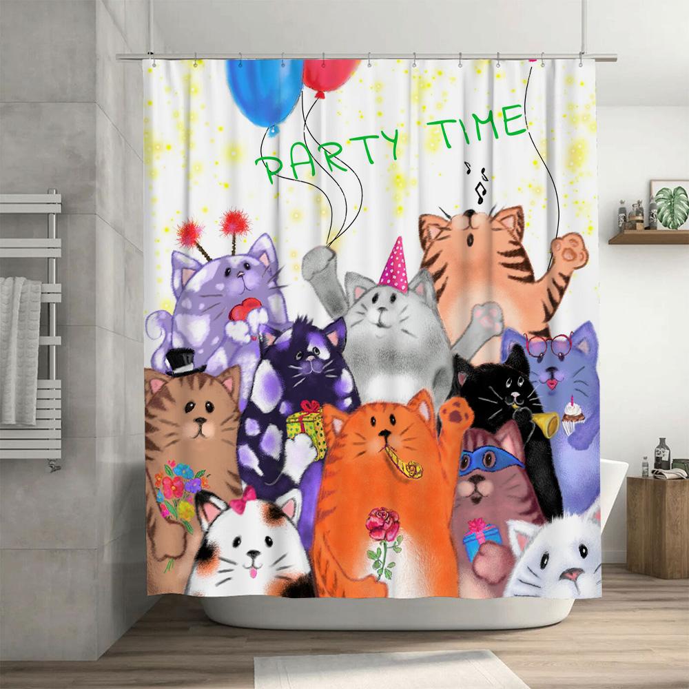 Party Time Cat Shower Curtain Set Cute Cartoon Print Decorative Bathroom Liner for Kids Room