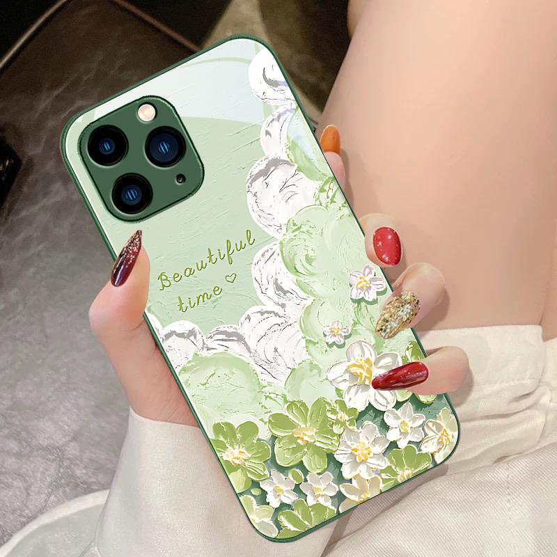Oil Painting Flower Purple For IPhone 16 Pro Max 15 Pro 14 13 12 Mini 11 XS Max XR 7 8 Plu SE 2022 Tempered Glass Phone Case