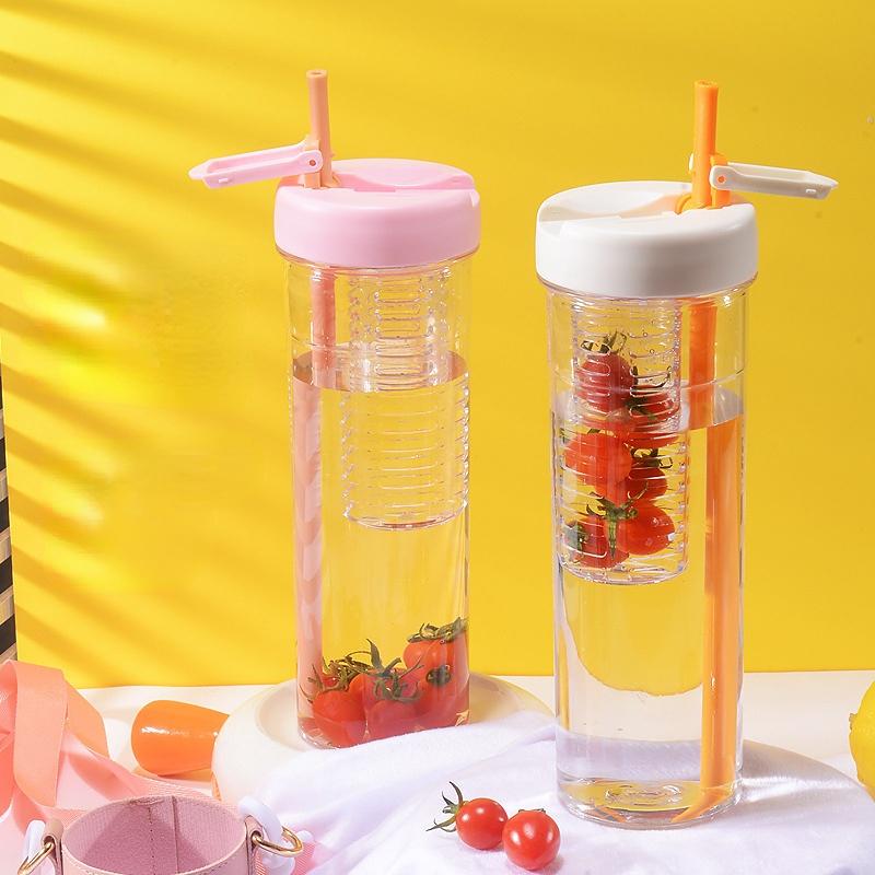800ml Large Capacity Water Bottles with Strap Dry Wet Separation Fruit Lemon Filter Plastic Drinking Bottle with Straw Outdoor Sports Water Cup