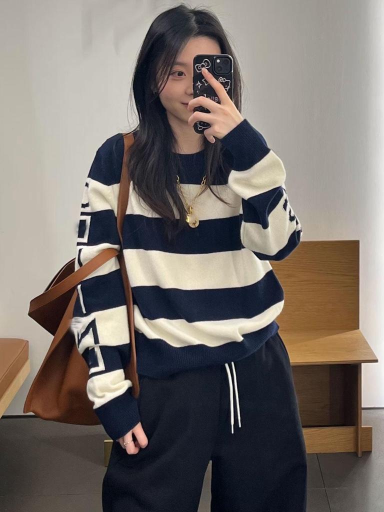 Women's Celebrity Style Color Block Striped Letter Knit Sweater - Round Neck, Long Sleeve, Versatile Pullover for Autumn/Winter