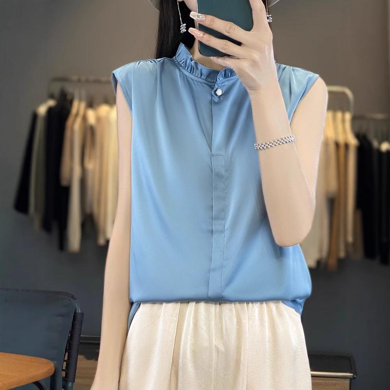 VEZFAA Women's Fashion Casual Summer Spring Solid Color Print Sleeveless Stand-Neck Blouses & Shirts