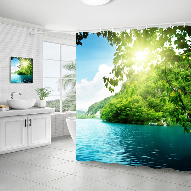 Shower Curtain Bathroom Fabric Non-Punching Beach Natural Scenery Digital Printing Shower Curtain With 12 Hooks
