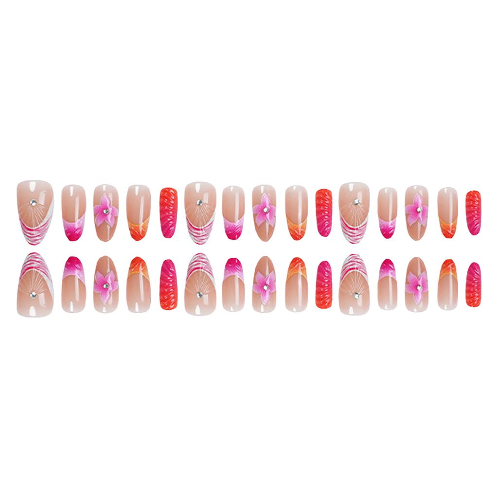 30pcs Almond Press On Nails With Floral Design Short Glossy False Nails with Rhinestones Decor For Party Wedding Photography