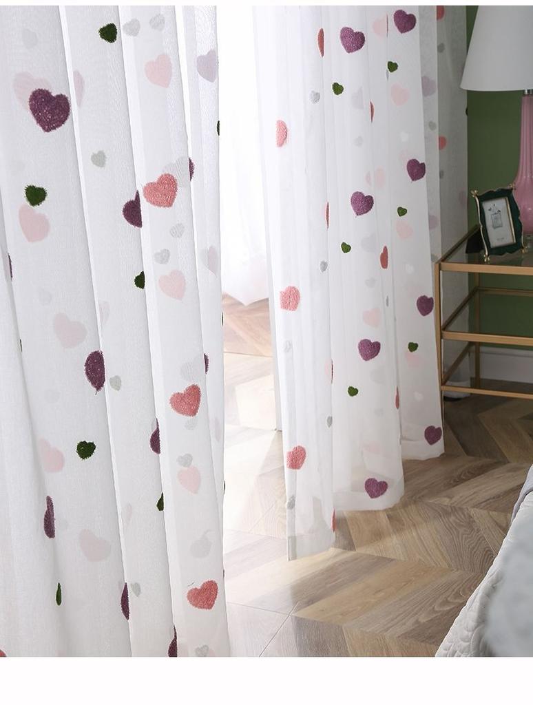 Korean Style Love Heart Embroidered Sheer Tulle Curtain for Living Room Bedroom, Cute Sweet White Transparent Window Voile Curtain for Home Decoration