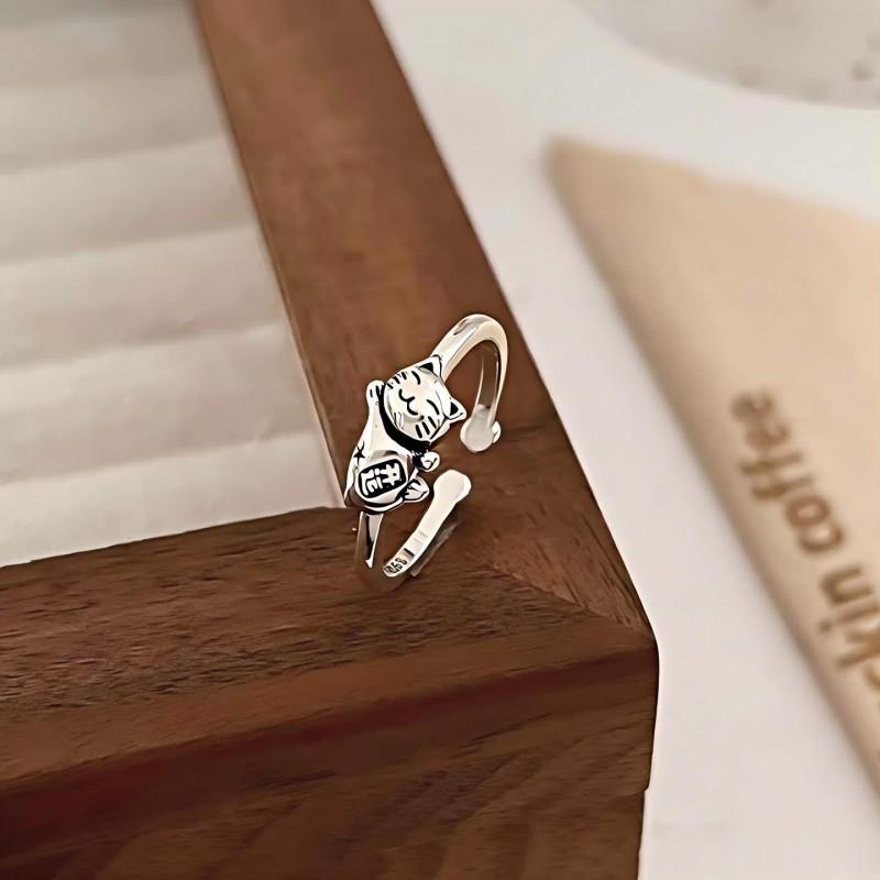 Adjustable Cat Ring Women Men Cute Lucky Finger Minimalist Open Band Vintage Style Copper Jewelry