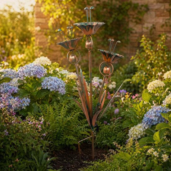 Flamed Copper Three Calla Lilies Garden Stake with Bells, Metal Flower Yard Art Decor, Outdoor Wind Bell Stake for Lawns,