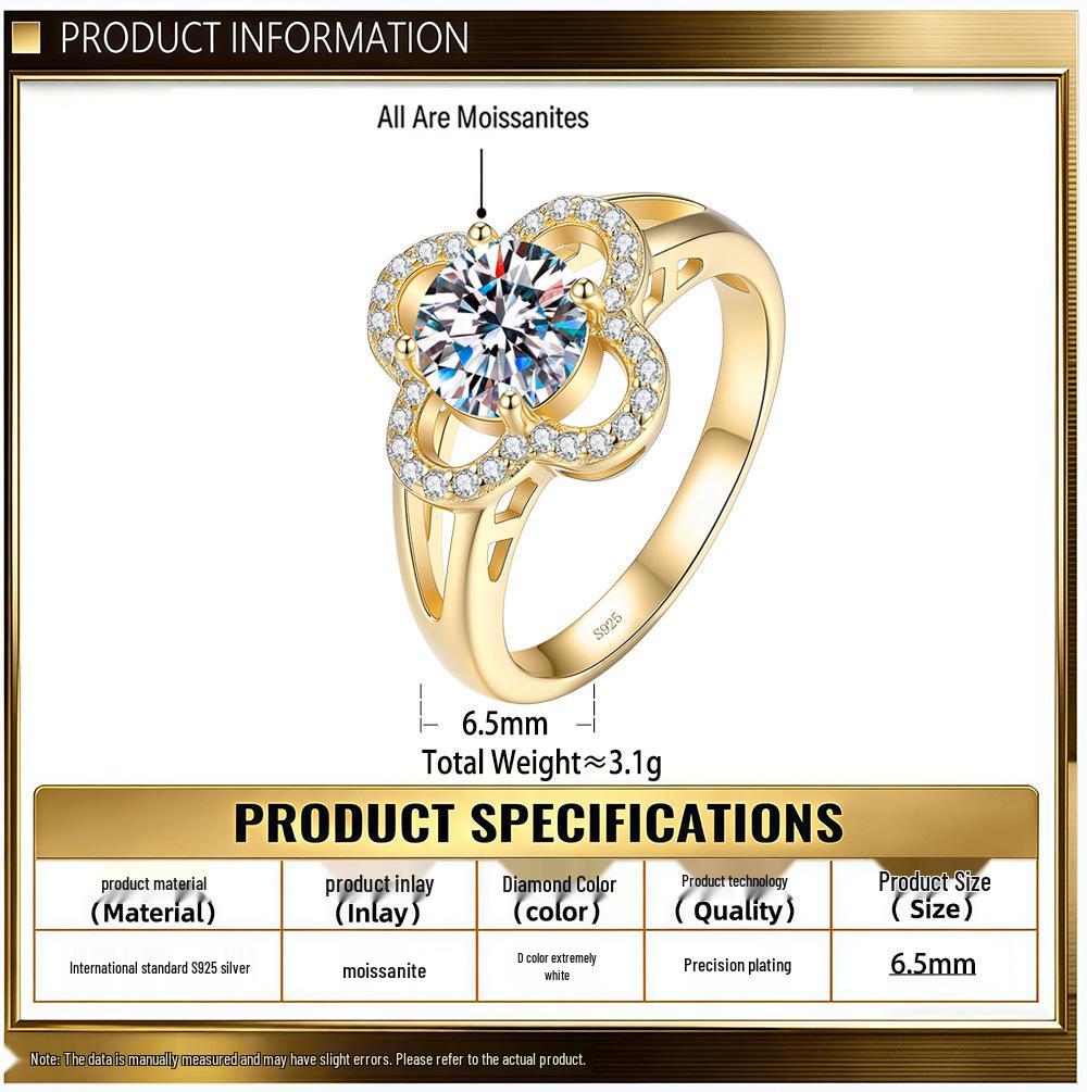 S925 Sterling Silver Four-Leaf Clover Ring with Full Diamonds - Elegant Light Luxury & Versatile Fashion Jewelry