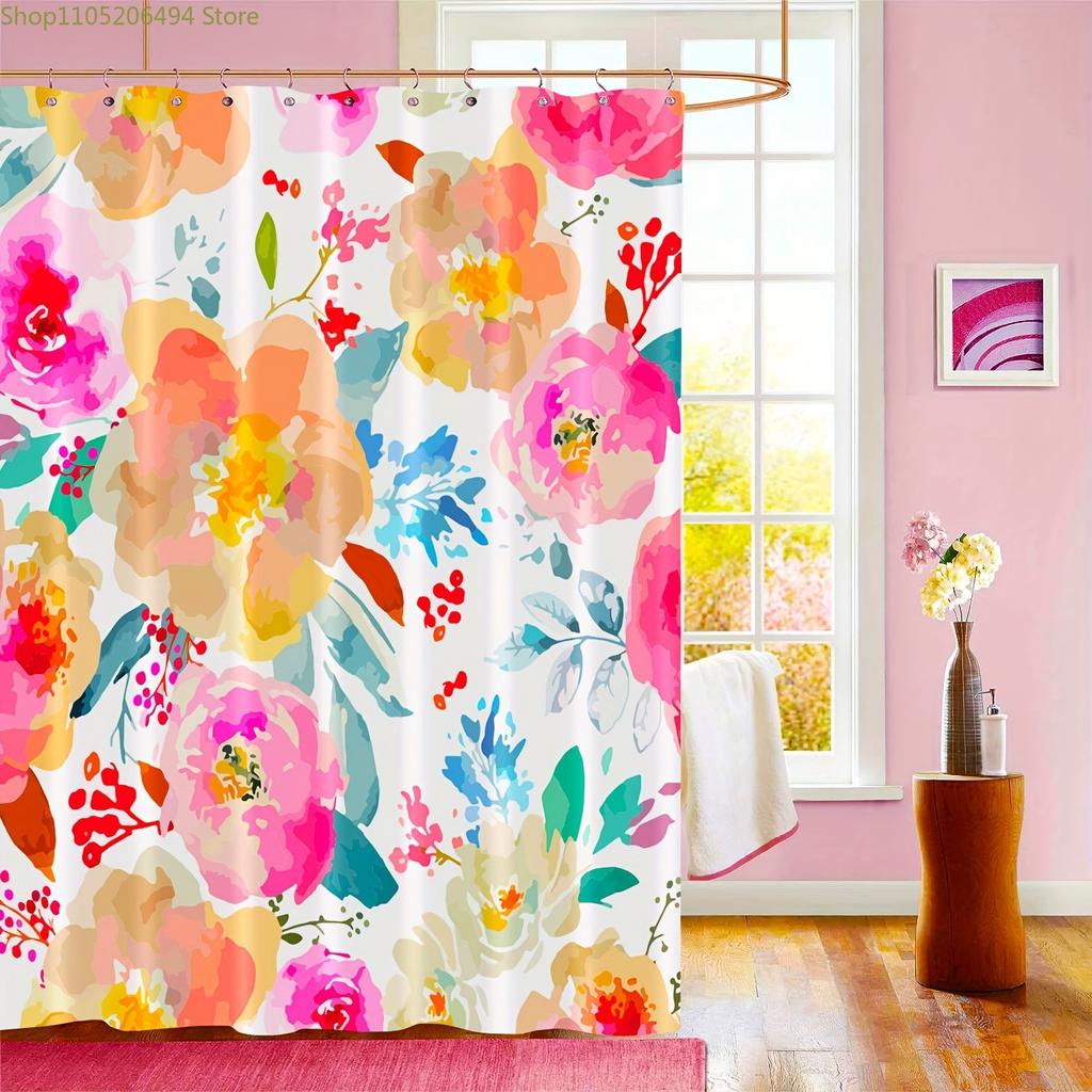 1pc Pink Watercolor Floral Polyester High Quality Fabric Shower Curtain, Bathroom Accessory, Digital Print, 182.88cmW X 182.88