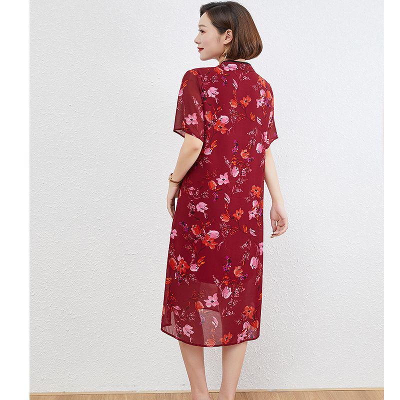Plus Size Wide Style Cheongsam Mid-Length Dress for Middle-Aged and Elderly Mothers (Fits Up to 200 Jin)
