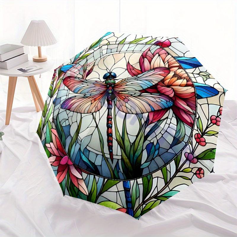 1pc Stained Glass Dragonfly Automatic Open/Close Umbrella with Windproof, Functional Design, 8-Rib Sturdy Canopy