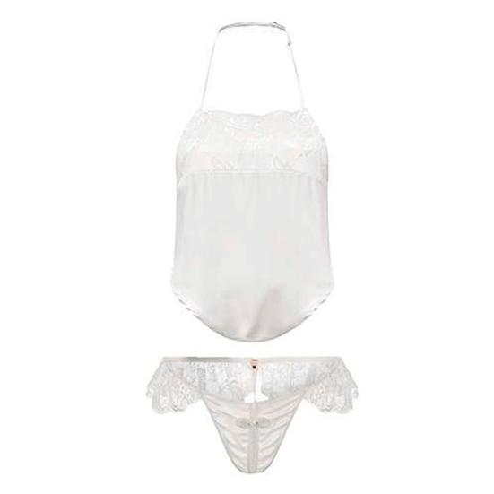 2 Pcs/Set Women Underwear Set Retro Lace Shirring Lace-up Halter Neck Backless Open Crotch Solid Color Seductive Nightie Honeymoon Bedroom Intimate