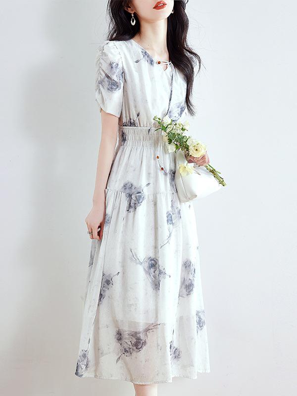Elegant French-Style Summer Chiffon Dress with Waist-Cinching Collar for Women