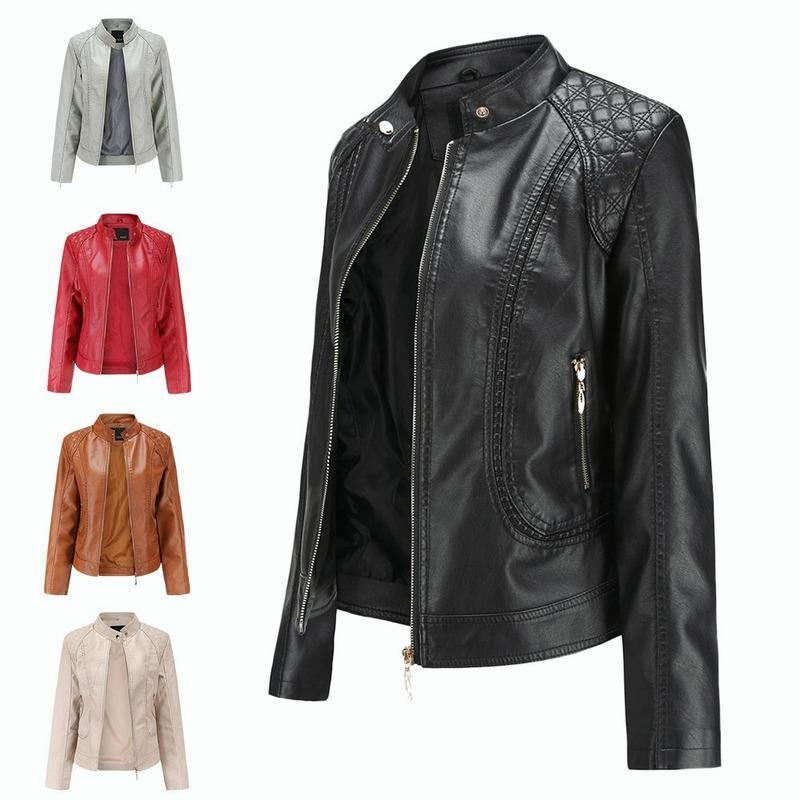 Women Faux Leather Biker Jacket Ladies Stand Collar Zip Coat Outwear