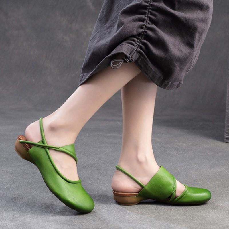 Johnature Genuine Leather Round Toe Comfortable Low Heel Sandals Casual Versatile Women's Shoes