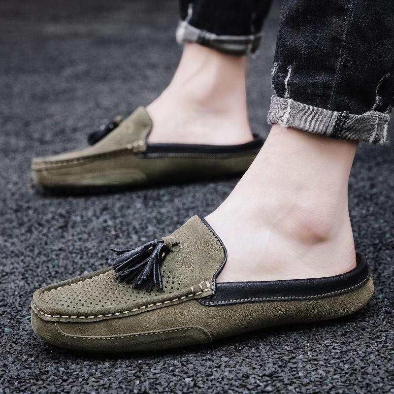 Fashion Breathable Suede Leather Loafers Handmade Mens Casual Muller Shoes Size 38-47 Tassel Slip on Half Flats Handmade Male Moccasins