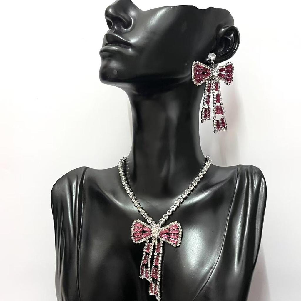 Korean Bow Necklace Ins Full Diamond Tassel Temperament Light Luxury Rhinestone Simple Neck Chain Collarbone Chain Fashion Jewelry