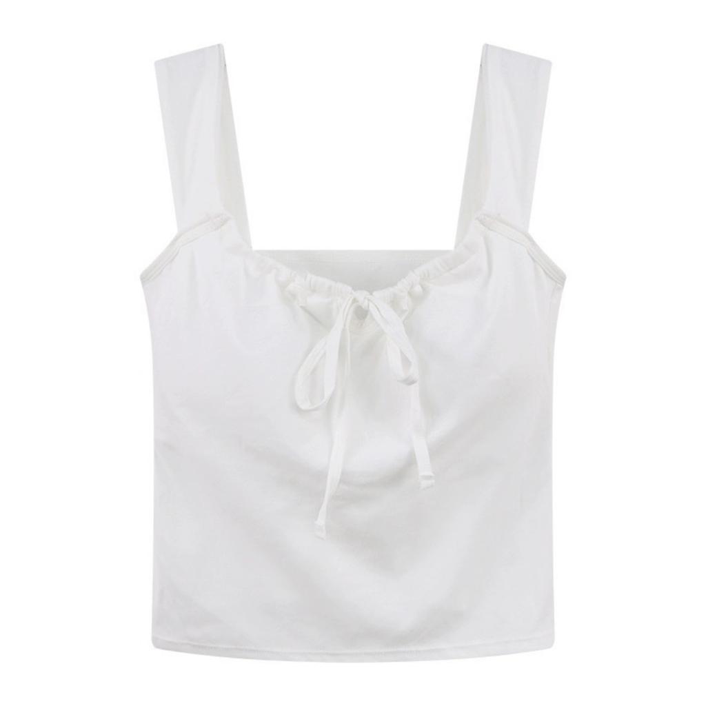 White Atmosphere Feeling Camisole Undershirt Women, Versatile with Bra Pads Department, with Bow Short Models Outside Slim Bottoming Tops