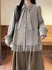 Women's Plus Size Retro Long Sleeve Shirt with Flowy Ribbons, Lace Patchwork, Autumn/Winter Layered Design