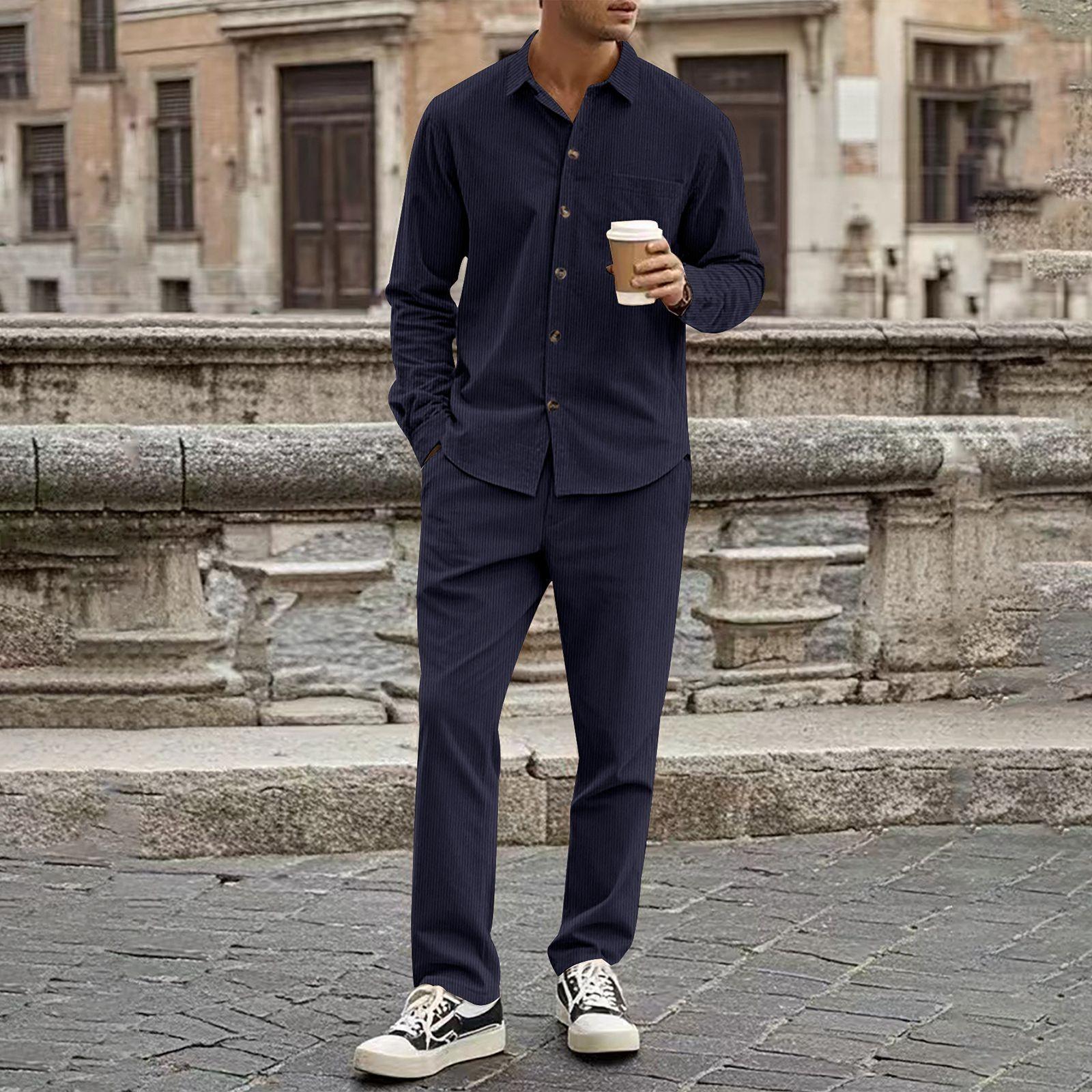 

Мужской осенний комплект из 2 предметов: рубашка с длинным рукавом и брюками в полоску с длинными рукавами XL тёмно-синий