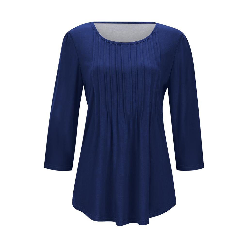 Modisches lässiges Damen-T-Shirt-Oberteil mit Rundhalsausschnitt, Falten und Sieben-Viertel-Ärmeln in Farbe
