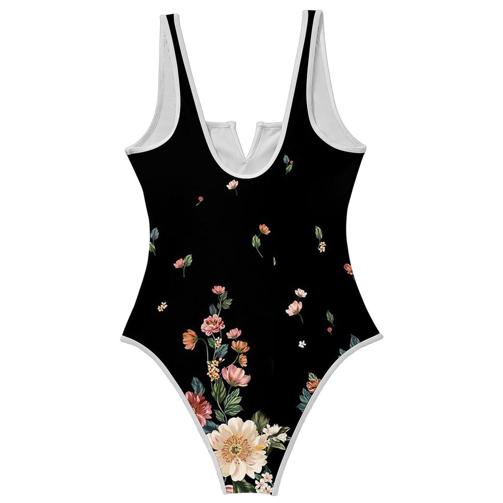 Women Swimsuit Boho Floral Print V Neck Wide Strap Backless Bathing Suit Y2K Inspired Swimwear Beachwear
