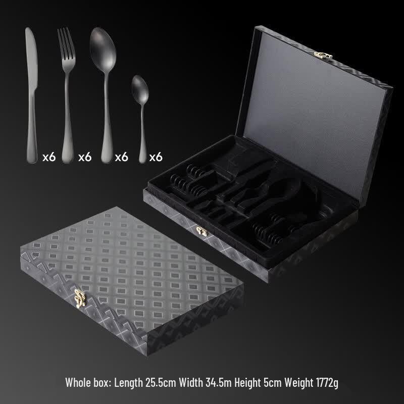 Qianxing 24-Piece 410 Stainless Steel Cutlery Set with Black Wooden Gift Box