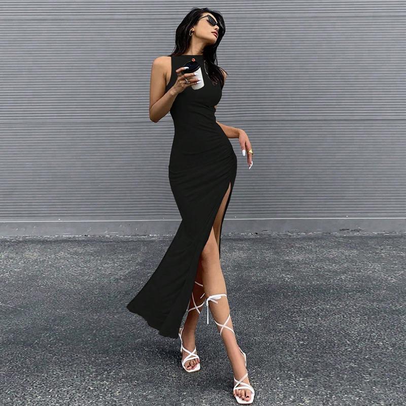 Round Neck Sleeveless Slit Dress Summer New Pure Lust Style Hip-hugging Mid-length Skirt for Women