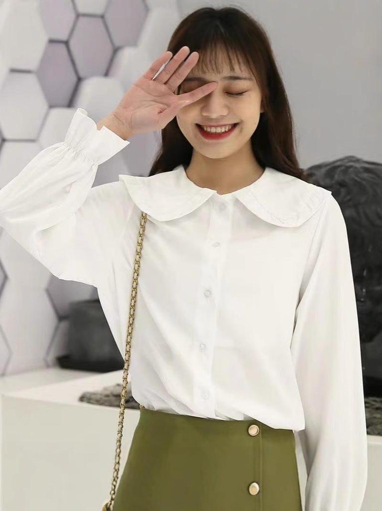Women's Trendy White Shirt: College-Style Doll Collar, Long Sleeve, Loose Fit for Autumn/Spring