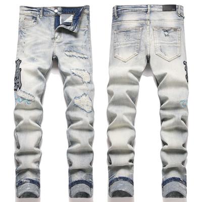 New Style Cross-Border Blue Street Trendy Youth Straight Leg Distressed Elastic Slim Fit Mens Jeans 3842