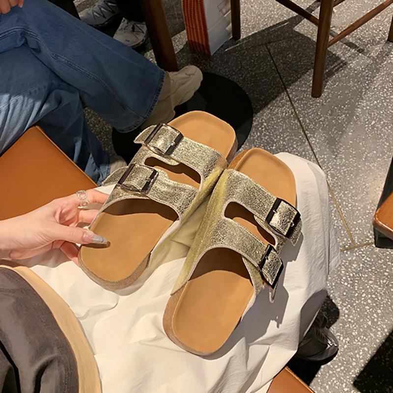 Silver burst pattern thick-soled cork slippers double-breasted fashion Boken shoes cool slippers women's pedal summer wear