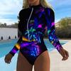 Women Long Sleeve One Piece Swimsuit Zip Front  Island Print Rash Guard Surfing Bathing Suit
