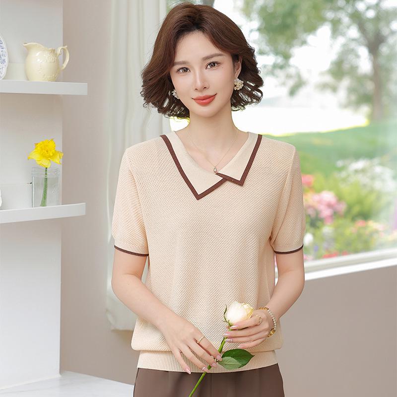 

Summer V-Neck Knit Top for Middle-Aged Women - Stylish Ice Silk Short-Sleeve T-Shirt 4XL (135-150 lbs)