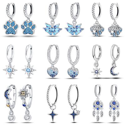 Fashion 925 Silver Color Earrings Blue Zircon Stars Moon Irregularity Earrings For Woman Fine Birthday Jewelry Gifts