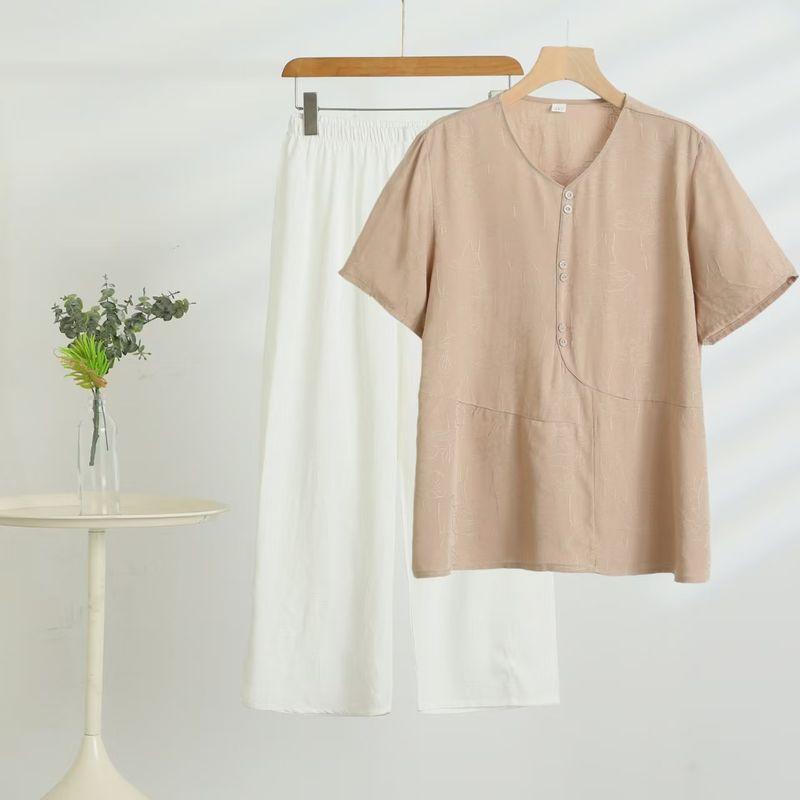 

Thin Cotton Silk Casual Suit Women s Summer T-shirt Pants Mother s Wear Plus Size Loose Middle-Aged and Elderly Twinset Outfit Khaki 3XL((Recommendation 45.00 kg-62.50 kg)