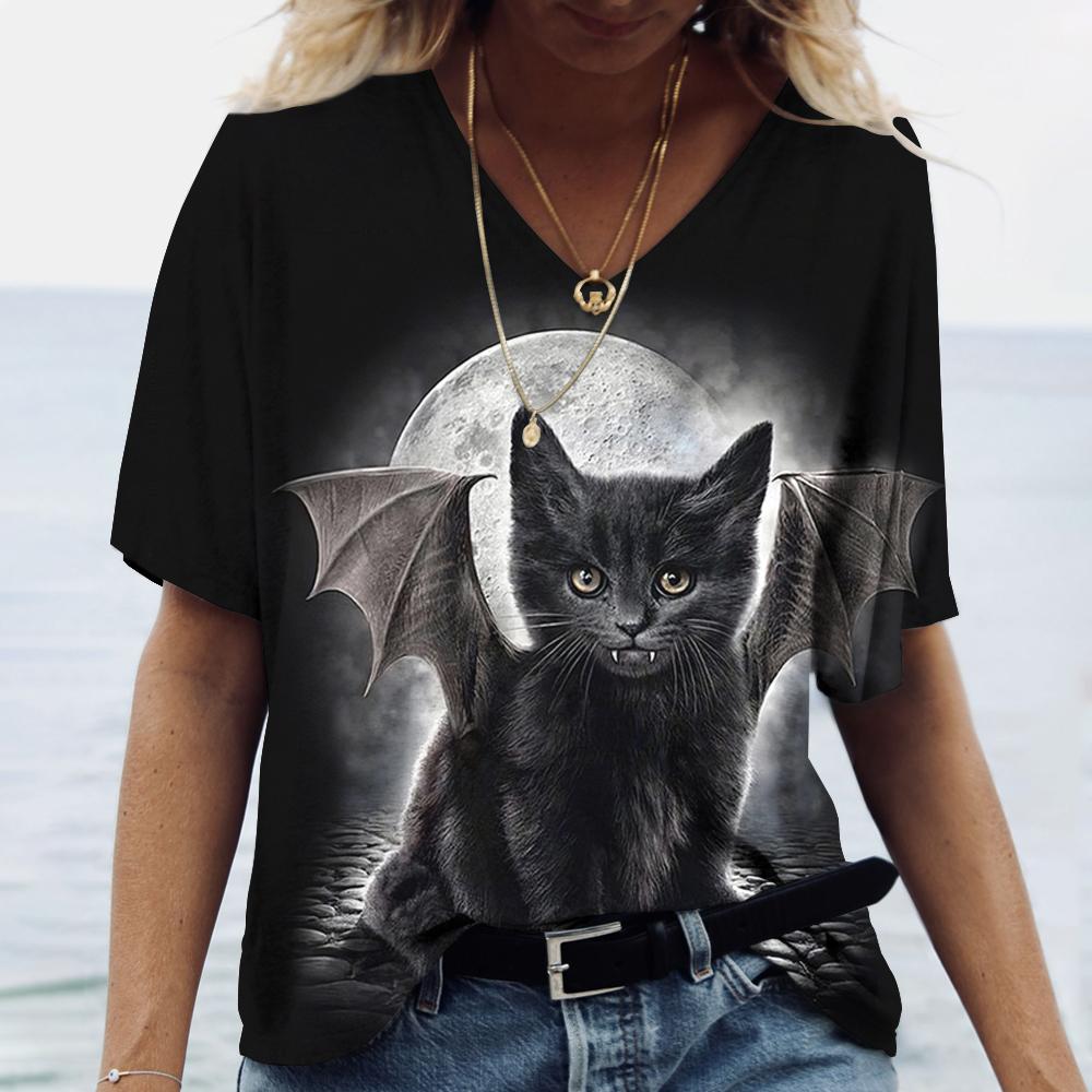 Fashion Women T Shirt Cool Cat Print Harajuku T-shirt Summer Tee Top Kawaii Tees V Neck Pluse Size American Lady Clothing