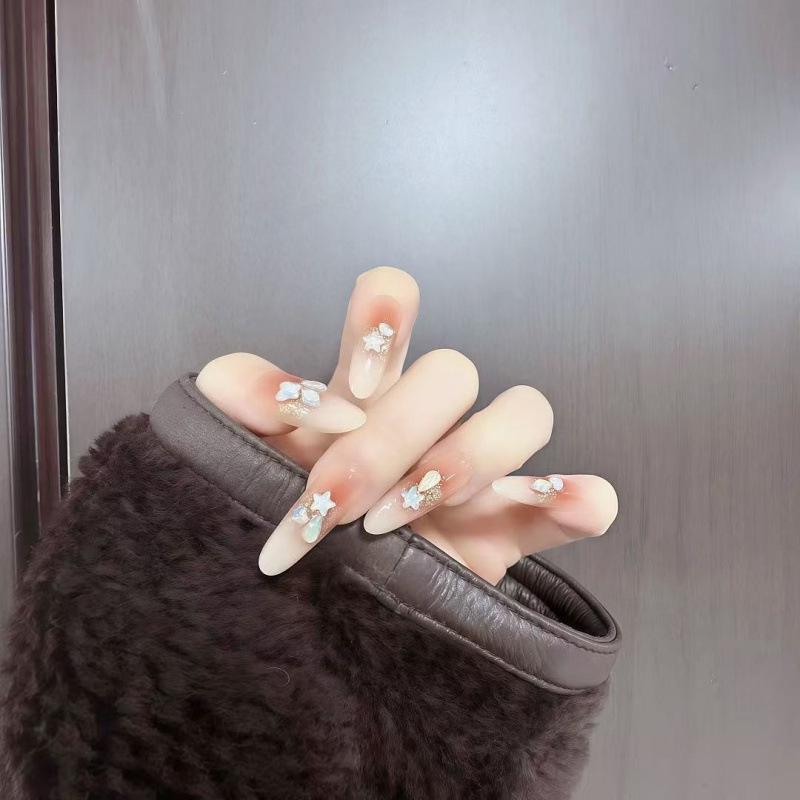 Handmade Nude Gradient Blush Fake Nails - Removable & Whitening M (For chubby hands or tall people)