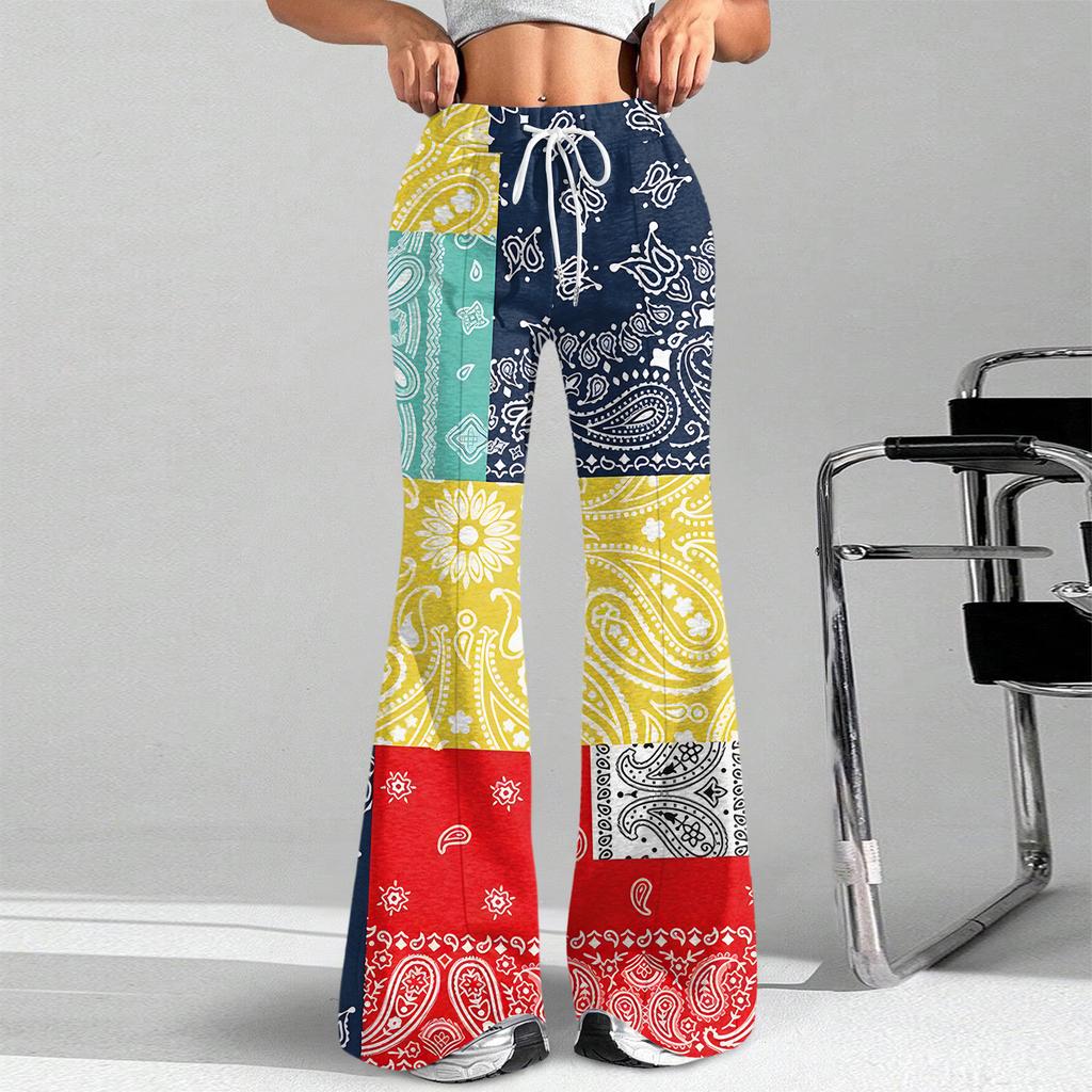 Women's Fashion Loose Drawstring Waist Retro Printed Casual Sports Pants Casual Flared Pants