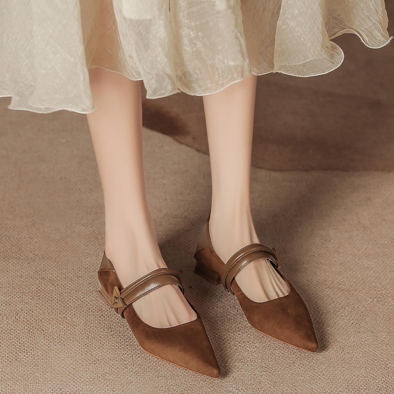 

H375-1 one-word belt Mary Jane single shoes women s autumn and winter new pointed low-heeled women s shoes retro soft-soled high heels 40 коричневий