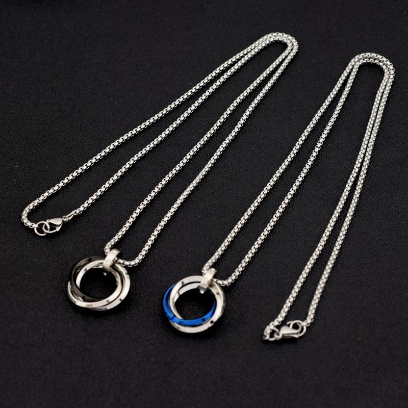 Long Chain Around The Neck Crystal Black Blue Ring Buckle Charm Pendant Necklace Stainless Steel Necklaces For Women Men Jewelry