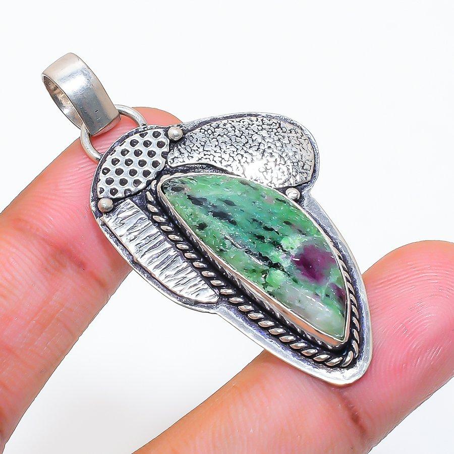 Natural Ruby Zosite Gemstone 925 Sterling Silver Jewelry Pendant 2.09" ZS-358